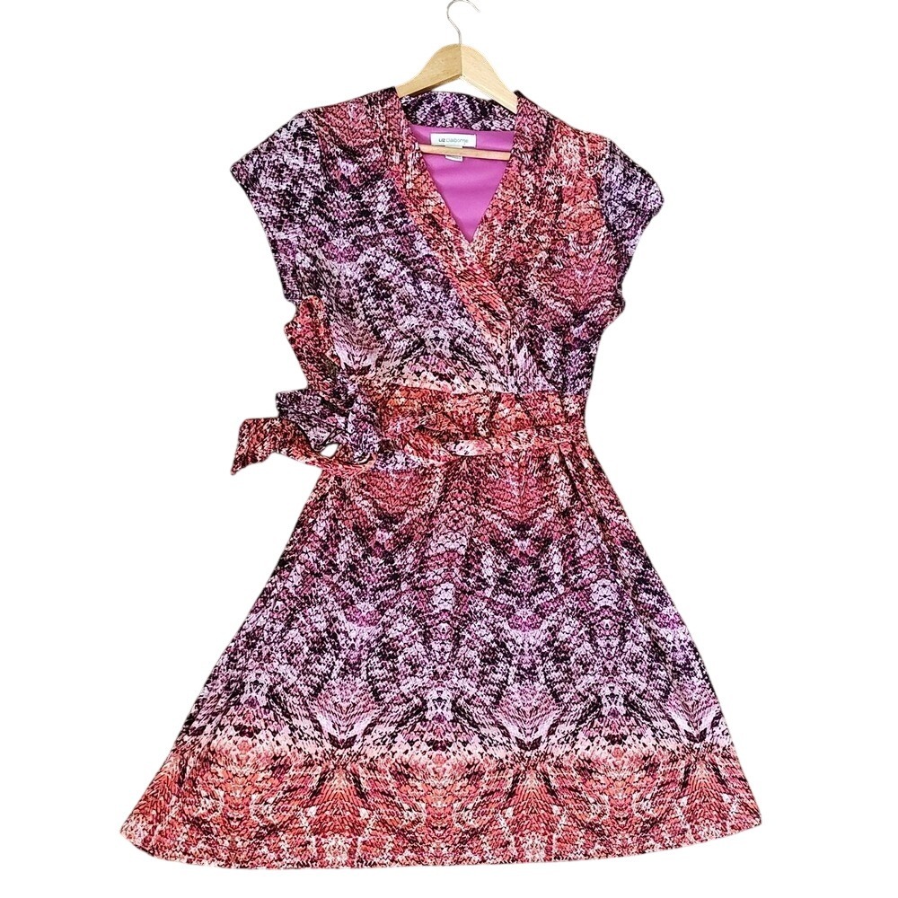 Liz‎ Claiborne Womens Pink Snakeskin Faux Wrap Dress Size L Cap Sleeve Belted